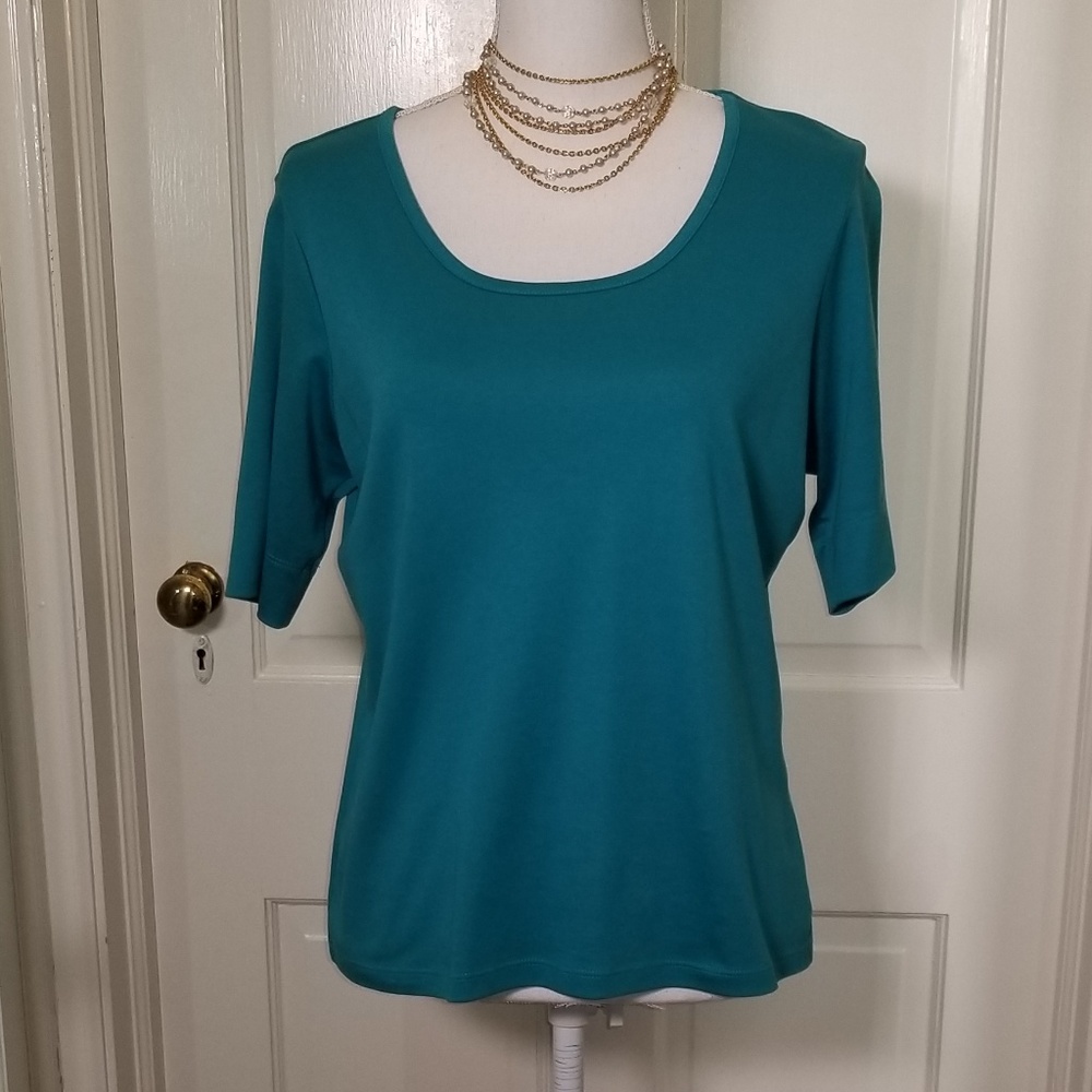 L.L. Bean Elbow Sleeve Scoop Neck Teal T-shirt EUC